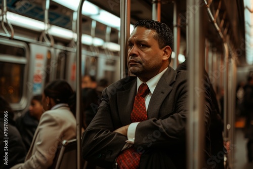 A man with crossed arms wearing a suit seems reflective or preoccupied in a subway