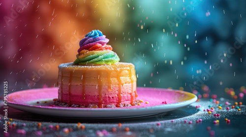 Rainbow cake on a plate with colorful sprinkles on a colorful background photo