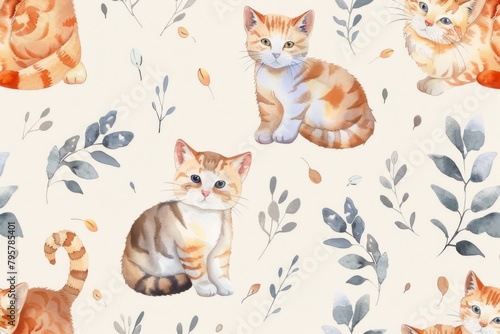 Seamless pattern, cute cats on a light background, repeating pattern, watercolor style
