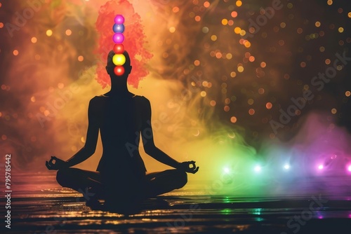 human meditating with glowing chakras and aura spiritual energy concept © Lucija