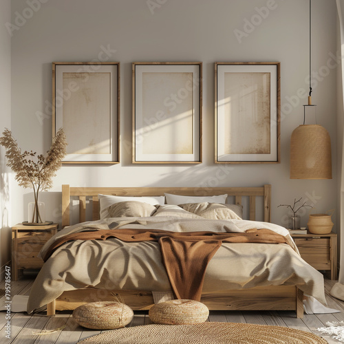 Cozy bedroom interior with wooden bed and three frames on the wall, rendered in stunning