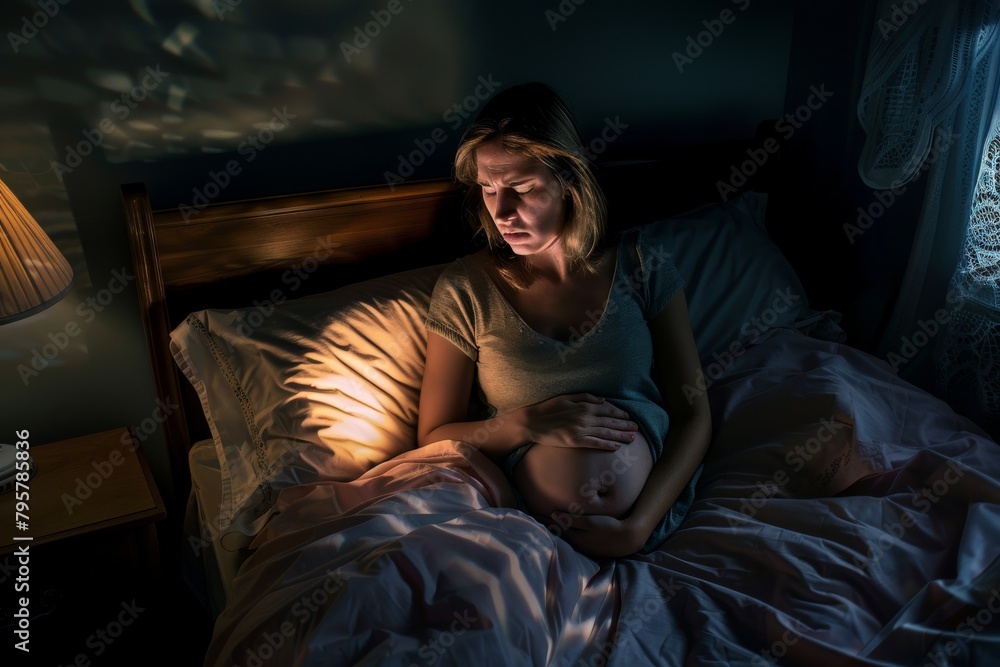 Image of a pregnant woman resting in her bed, bathed in shadow and light, highlighting the beauty and anticipation of maternity Image of a pregnant woman resting in her bed, bathed in shadow and light, highlighting the beauty and anticipation of maternity