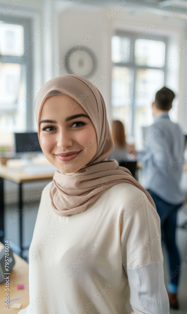 A woman in a hijab smiling at the camera. Generative AI. A woman in a hijab smiling at the camera. Generative AI.
