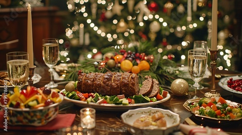 a plate of meatloaf and salad on a table with lights and a tree
