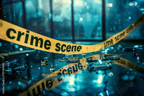 A detailed capture of an ominous crime scene with focus on crime scene tape and scattered bullet casings on wet ground photo