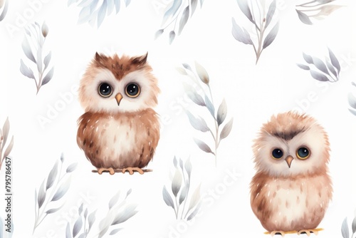 Seamless pattern, cute owlets with feathers, on a light background, repeating pattern, watercolor style photo