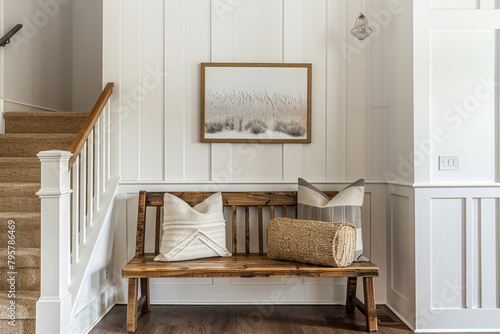 Cozy Farmhouse Entryway with Wooden Bench and Frame Mockup -