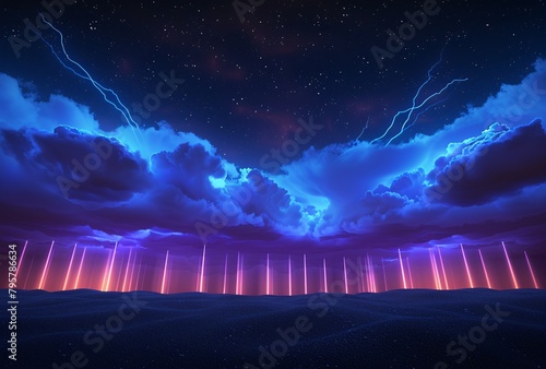 a lightning striking clouds and lights photo