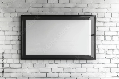 Crisp Mockup of Black-bordered Banner Hanging on White Brick Wall - True-to-life HD Resolution