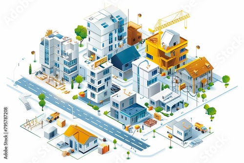 isometric housing project development process infographic concept illustration