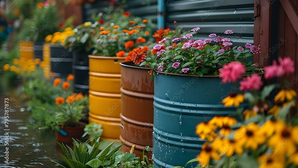 Utilize Rainwater Collection in the Garden for an Eco-Friendly Plant Watering System with a Plastic Barrel. Concept Rainwater Harvesting, Eco-Friendly Gardening, Water Conservation