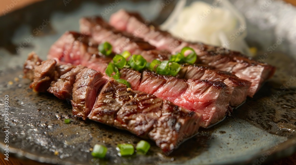 A close-up perfectly cooked dry-aged beef and ready to serve A close-up perfectly cooked dry-aged beef and ready to serve
