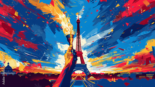 illustration in cartoon or icon style hand hold olympic torch Olympics in france paris with eiffel tower in background
 photo