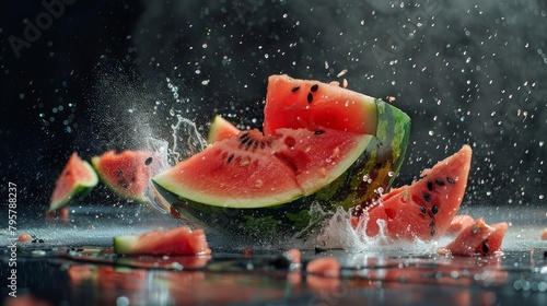 A ripe watermelon falls to the floor and smashes to pieces.. Freeze motion.