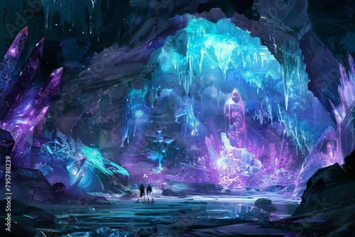 majestic crystal cave with glowing formations fantasy concept art