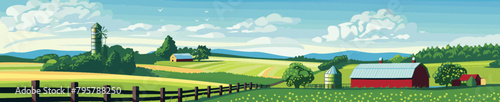 Farm landscape. Panoramic illustration of a serene rural farm landscape with rolling hills, colorful fields, red barns, and a traditional silo generative ai vector illustration.  photo