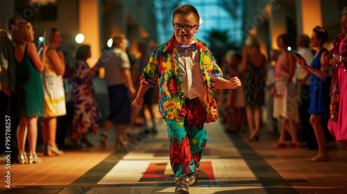 Joyful young boy with down syndrome dancing in a vibrant ensemble photo