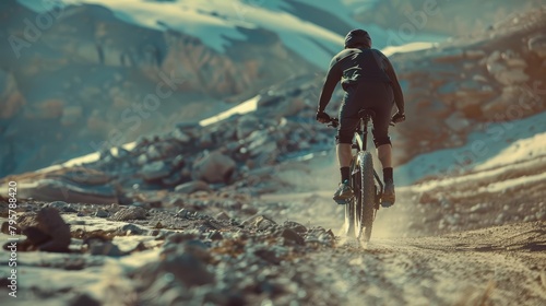 A mountain biker rides through the snow. © Sweettymojidesign