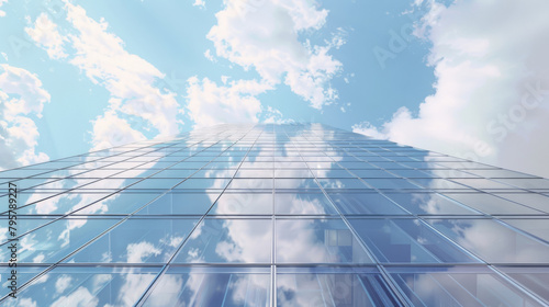 Reflective glass skyscraper with clouds and blue sky in a low-angle view
