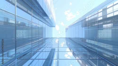 Upward view of a contemporary glass skyscraper reflecting clouds and blue sky