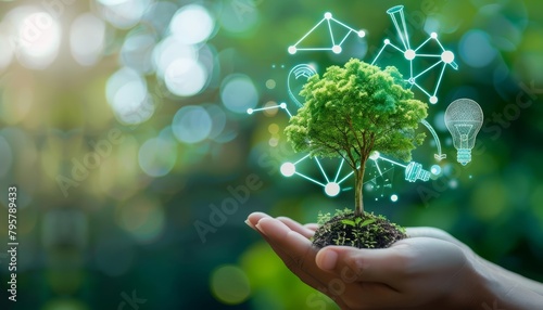 A photo of a hand holding a plant with a glowing green circuit board pattern overlay.