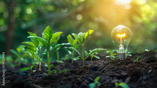 A light bulb surrounded by growing plants with a bright sun in the background
