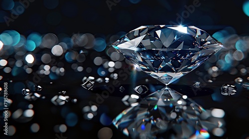 Beautiful diamond with blue light reflections in style gemstone on black blur background.
