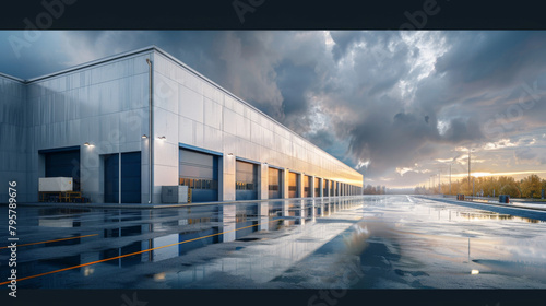After the rain: sunset reflection on the exterior of a wet warehouse facility