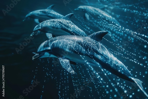 A pod of dolphins swims through a sea of stars.