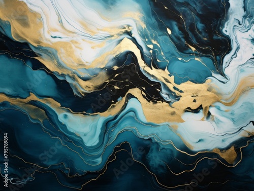 Blue and Gold Liquid Wave Wallpaper. Curve Mixed Blended Fluid Texture. Abstract Artistic Marvel in Fluid Patterns. Luxurious Design Aesthetic with Vibrant Textures