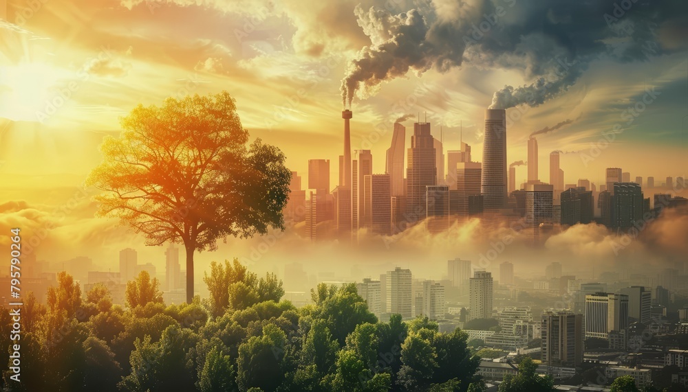 A beautiful digital painting of a city with a large tree in the foreground. The city is in the background and there is a large amount of pollution in the air.