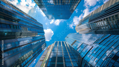 Captivating low-angle shot of towering skyscrapers against a clear blue sky