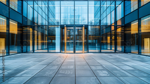 Symmetrical view of a sleek glass facade and entrance to a contemporary office building at dusk