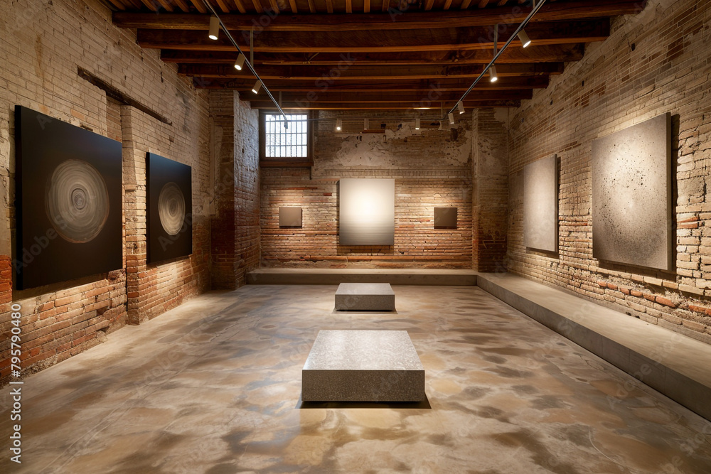 Minimalist art installations displayed against rustic brick walls, inviting contemplation and reflection.