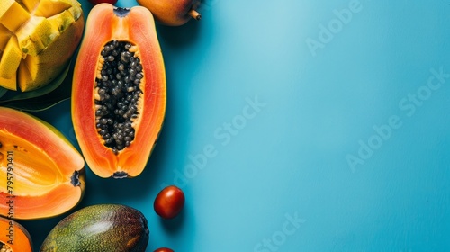eating and food concept - close up of papaya with other exotic fruits on blue background photo