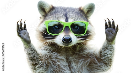 Funny raccoon in green sunglasses showing a rock gesture isolated on white background