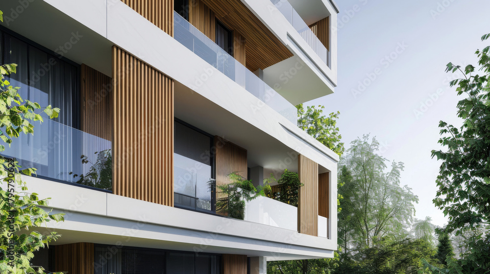 Fototapeta premium Architectural detail of a contemporary apartment complex with balconies