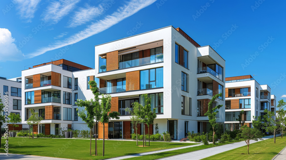 Contemporary residential buildings with balconies in a green urban area under blue skies Contemporary residential buildings with balconies in a green urban area under blue skies
