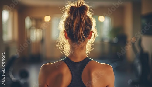 Rear view of a young woman in sportswear standing in a gym and looking away photo