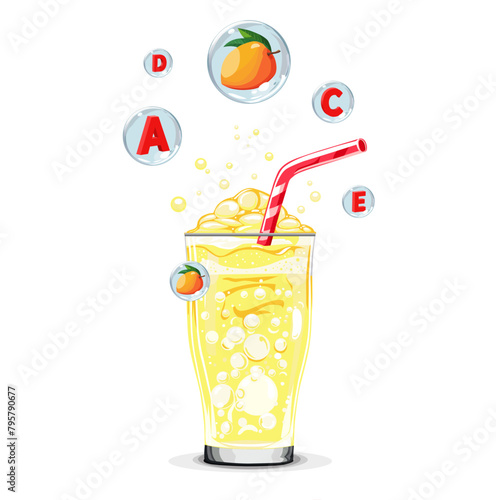 Healthy yellow mango oxygen cocktail with air bubbles. Isolated vector summer drink for design