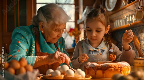 grandmother with grandchildren are making bread in the kitchen photo