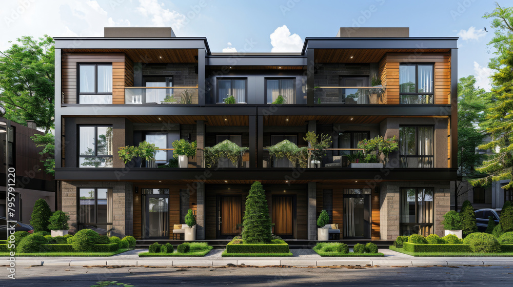Contemporary townhouse exterior with balconies and lush greenery on a sunny day Contemporary townhouse exterior with balconies and lush greenery on a sunny day