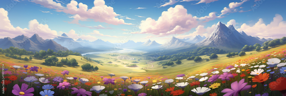 Panorama of the mountains_field of flowers_meadow with flowers_spring in the mountains_lavender field region