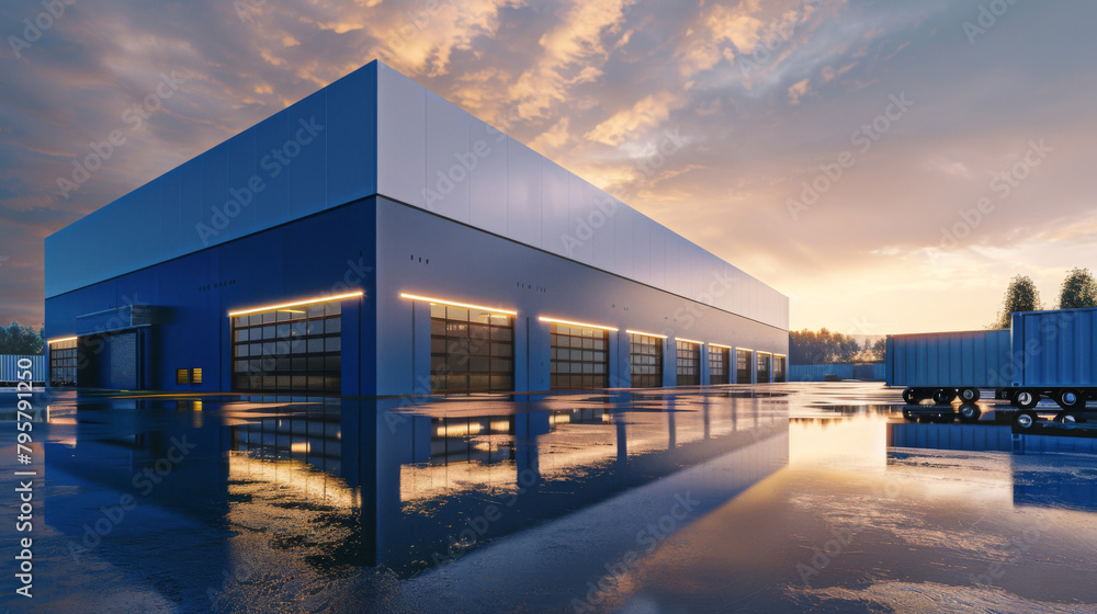 Obraz premium Logistics center illuminated at dusk, with a striking sky and reflective wet pavement