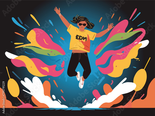 Rhythmic Jumping - Exciting EDM Waves with Enthusiastic Personnel. Flat Vector Illustration. EPS 10.