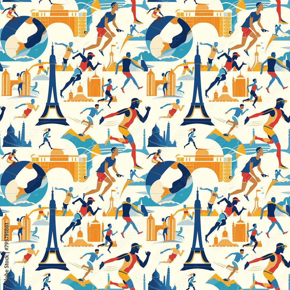 A graphic illustration with minimalist style athletes performing against a backdrop of global landmarks, worldwide appeal of the Olympics