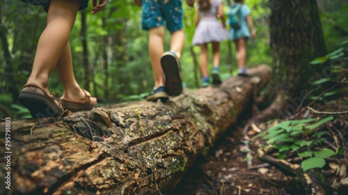 Group of kids walk over big log in the forest © Ahtesham