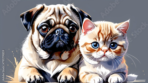Cute pug puppy and tabby kitten resting side by side on a gray background. AI generated.