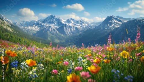 Majestic mountain panorama with vibrant flowers in full bloom, set against a clear blue sky 🌸⛰️🌞 Lush greenery spreads across the landscape, creating a breathtaking view that's perfect for nature
