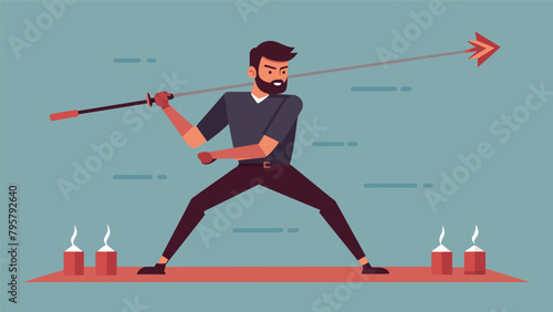 The instructor demonstrates the proper technique for handling and using a staff during an intense weapons training session.
